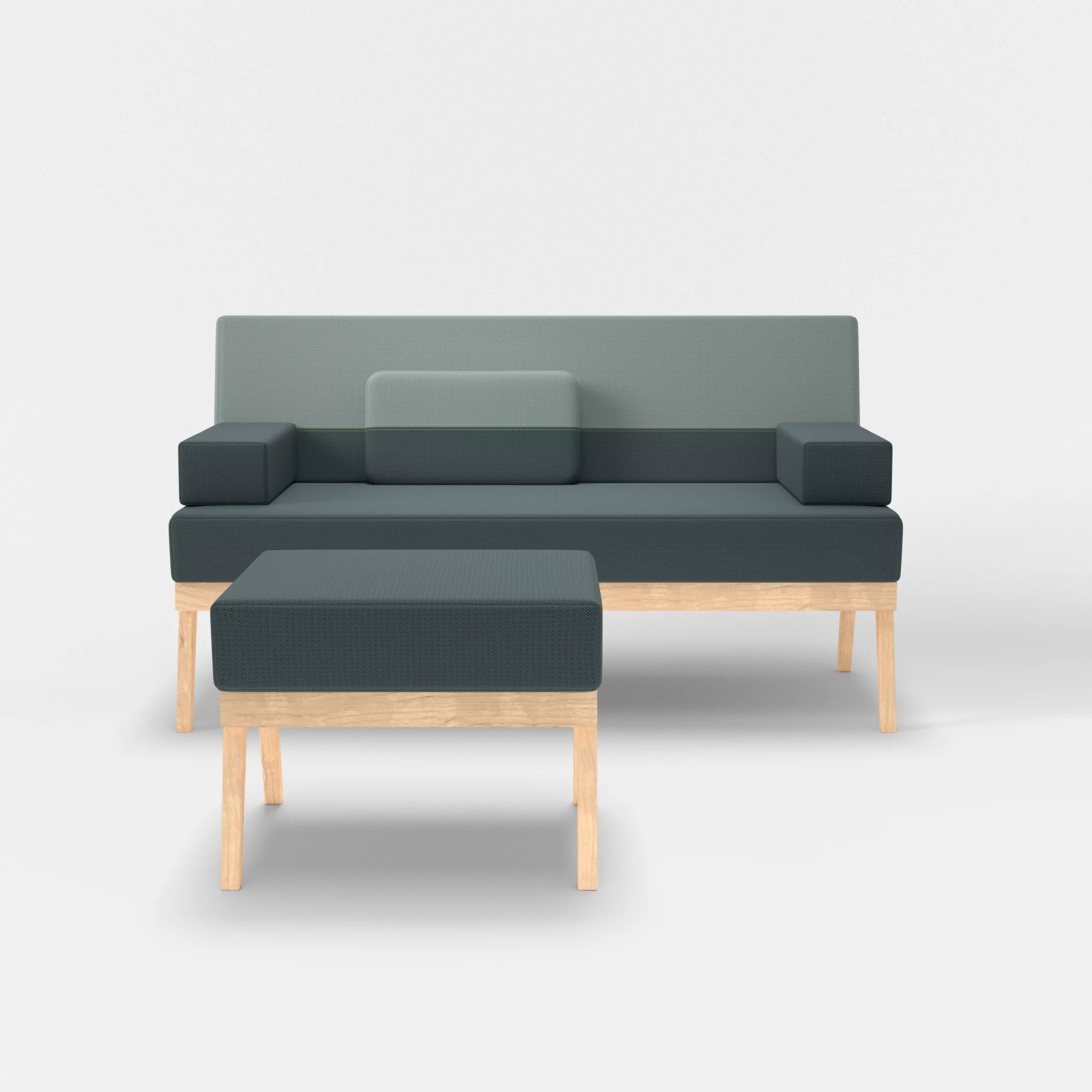 2er Sitzsofa Bauz mit Pouf credojaspis-credolake in Türkis und Graublau von vorne