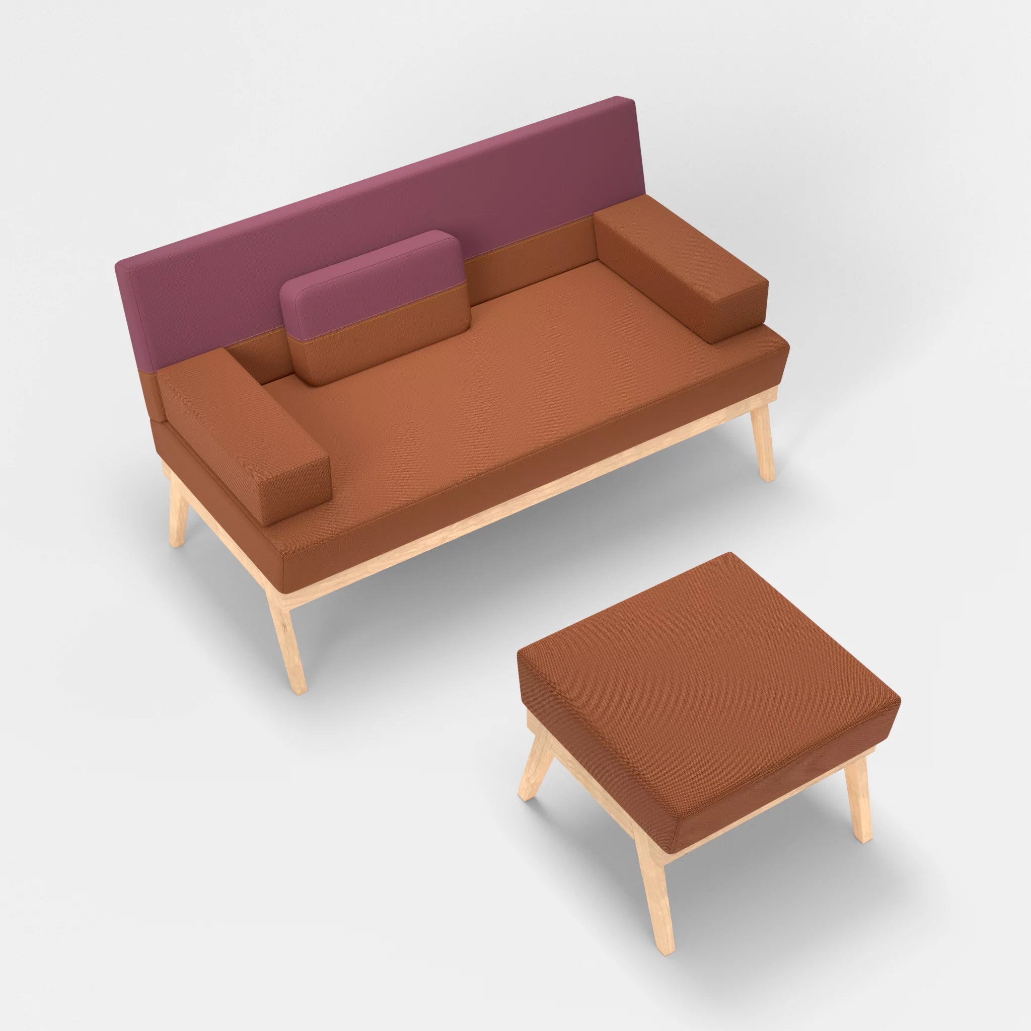 2er Sitzsofa Bauz mit Pouf credokupfer-credobreva in Braun und Violett von oben