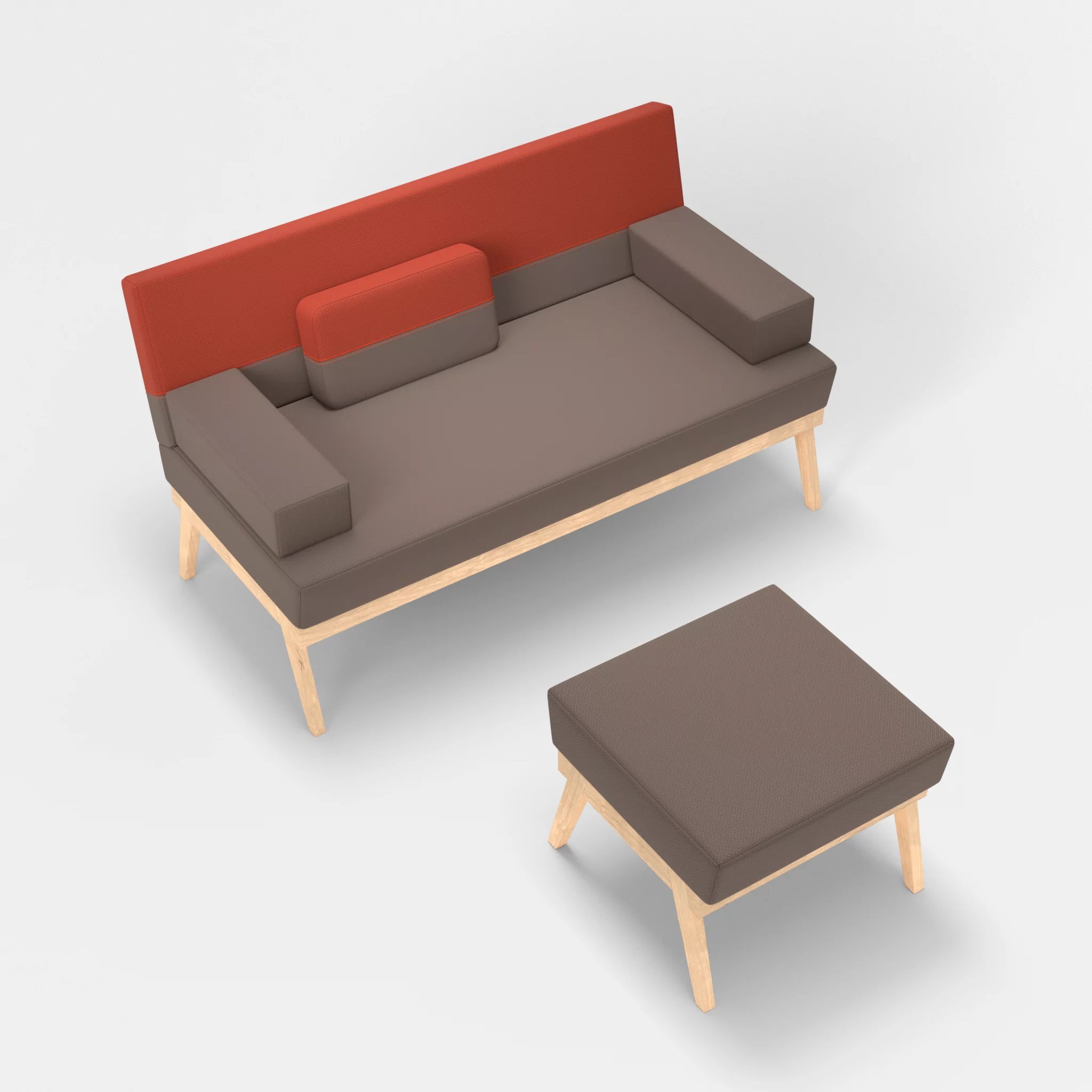2er Sitzsofa Bauz mit Pouf credowalnut-credolampion in Dunkelgrau und Rot von oben
