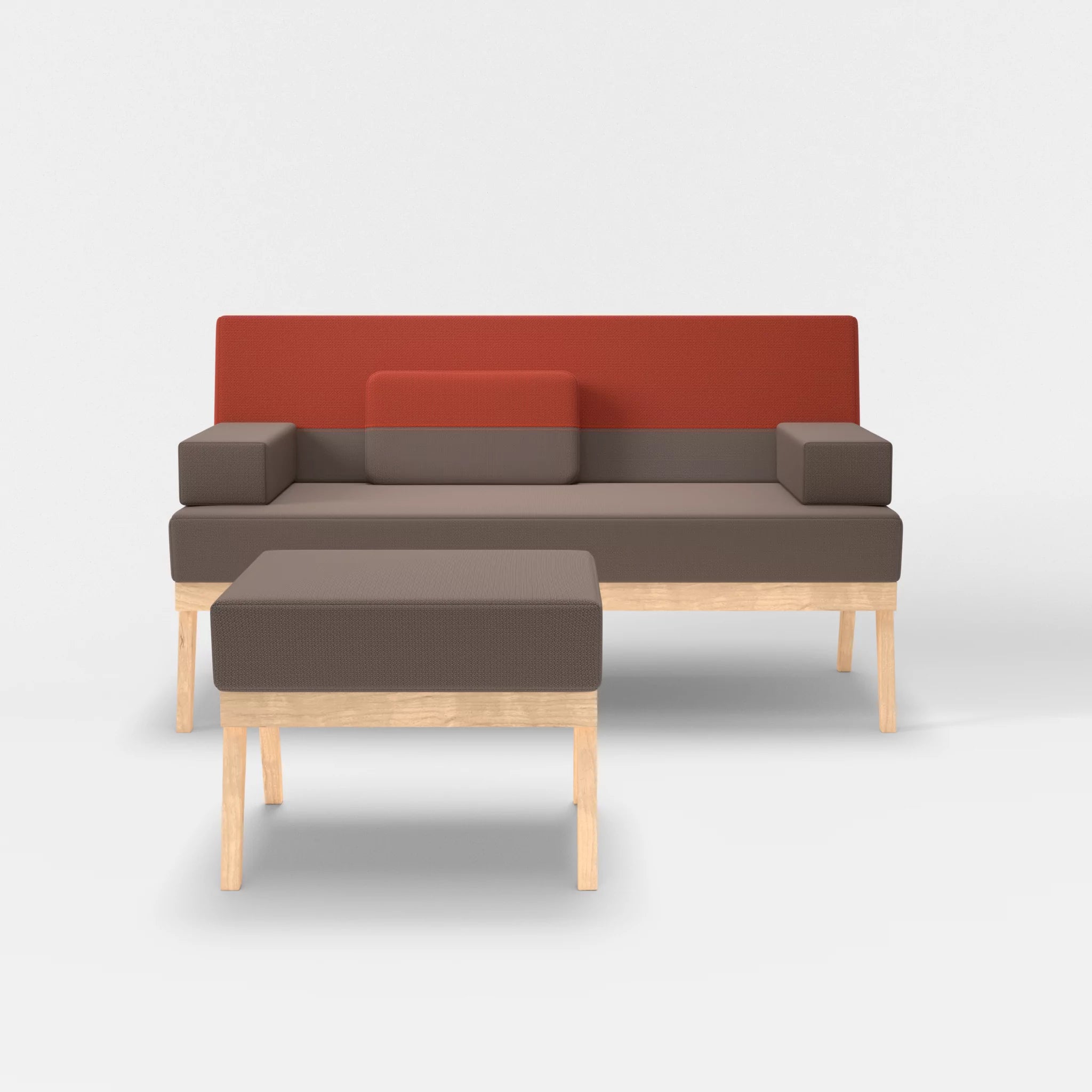 2er Sitzsofa Bauz mit Pouf credowalnut-credolampion in Dunkelgrau und Rot von vorne