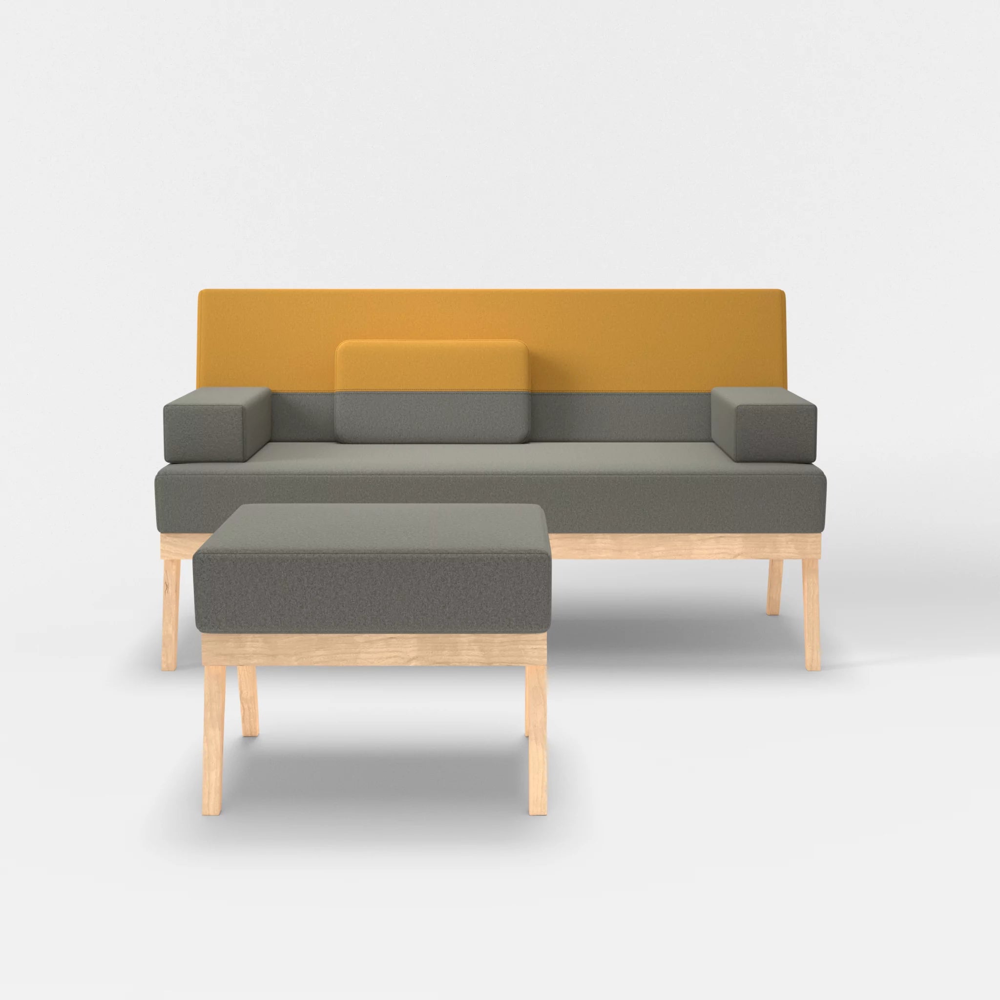 2er Sitzsofa Bauz mit Pouf dama0003-dama0081 in Mittelgrau und Curry von vorne
