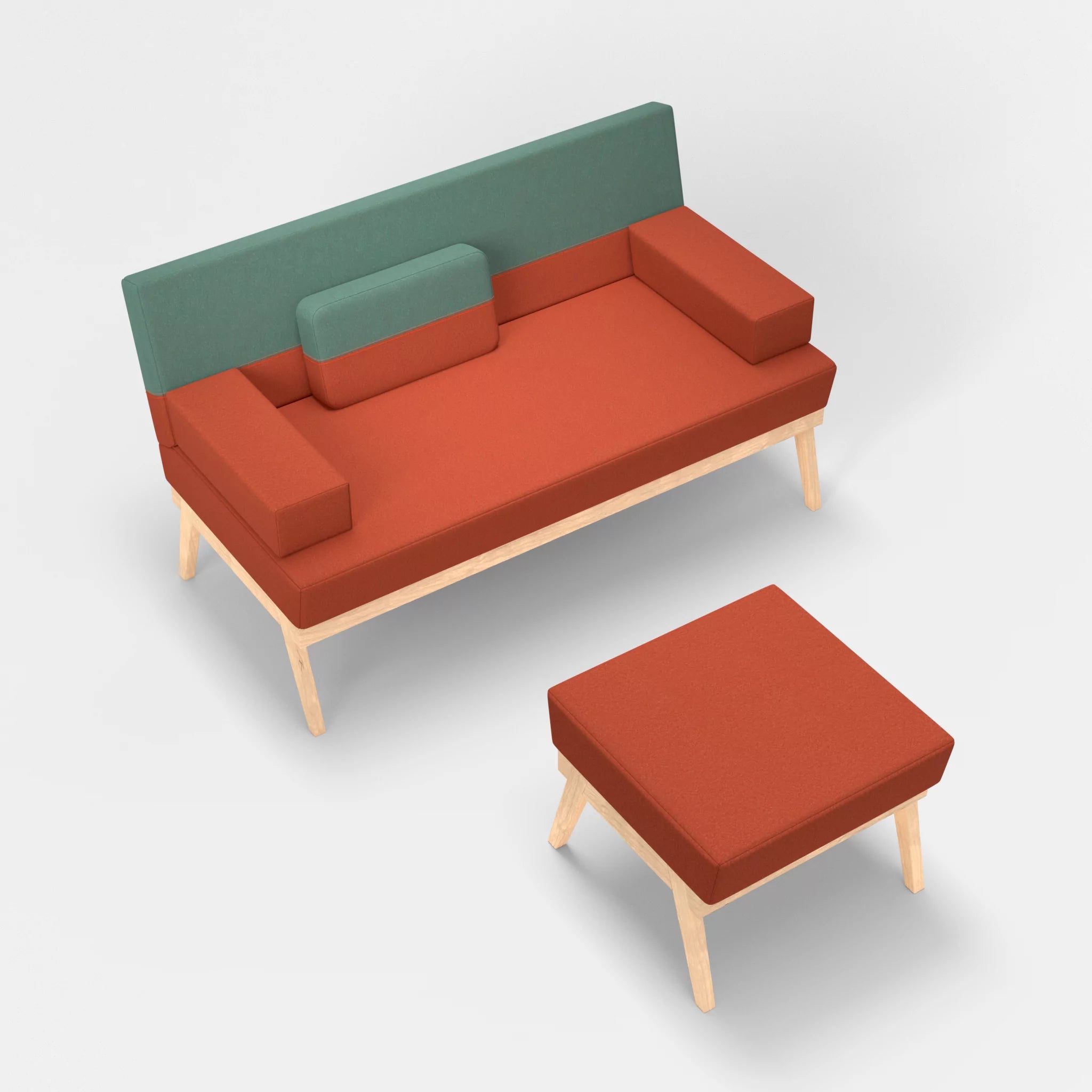 2er Sitzsofa Bauz mit Pouf dama0062-dama0045 in Orange und Türkis von oben