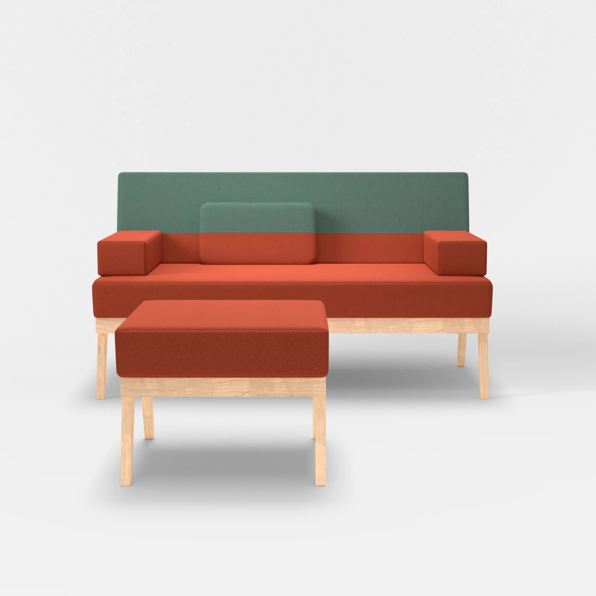 2er Sitzsofa Bauz mit Pouf dama0062-dama0045 in Orange und Türkis von vorne
