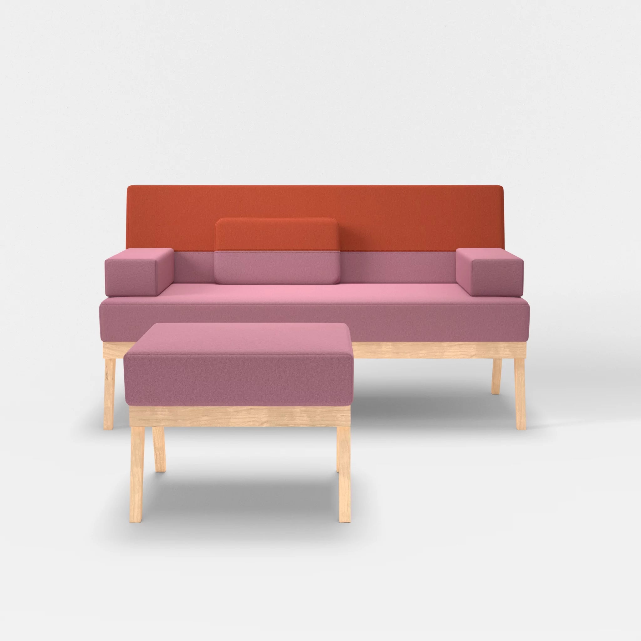 2er Sitzsofa Bauz mit Pouf dama0084-dama0062 in Rosa und Orange von vorne