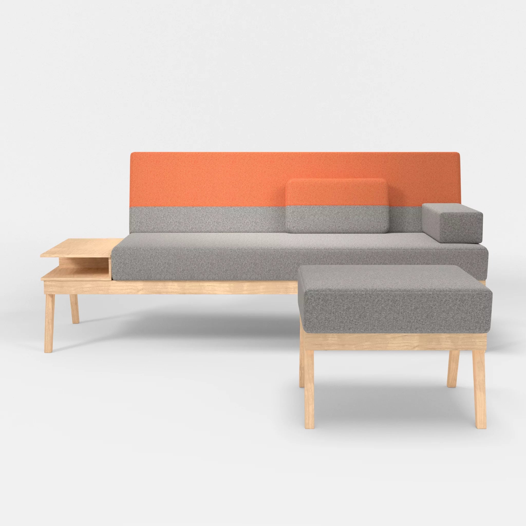 3er Sitzsofa Bauz mit Ablage links und Pouf celia0208-celia0215 in Mittelgrau und Orange von vorne