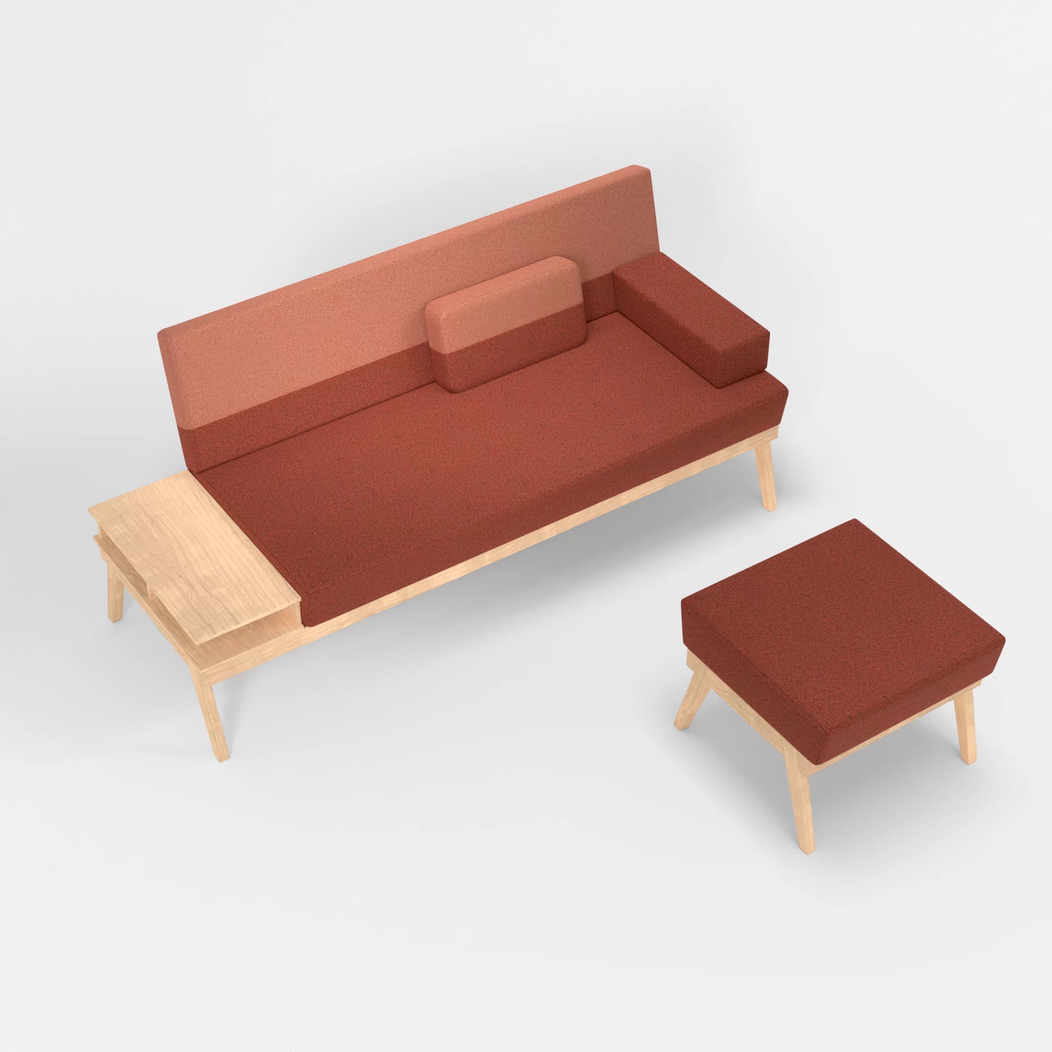 3er Sitzsofa Bauz mit Ablage links und Pouf celia0214-celia0217 in Terracotta und Orange von oben