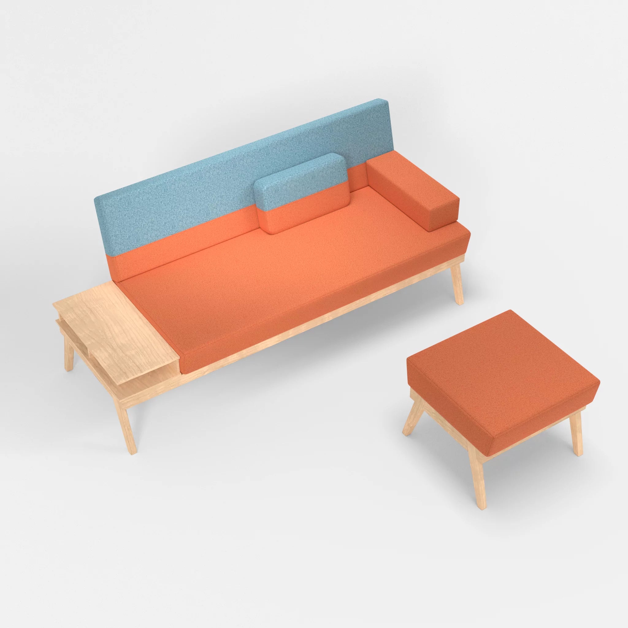3er Sitzsofa Bauz mit Ablage links und Pouf celia0215-celia0209 in Orange und Türkis von oben