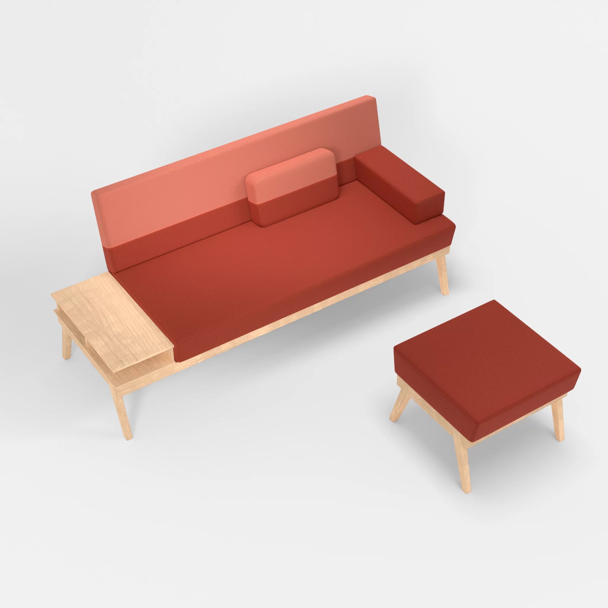 3er Sitzsofa Bauz mit Ablage links und Pouf credolampion-credograpefruit in Rot und Coral von oben