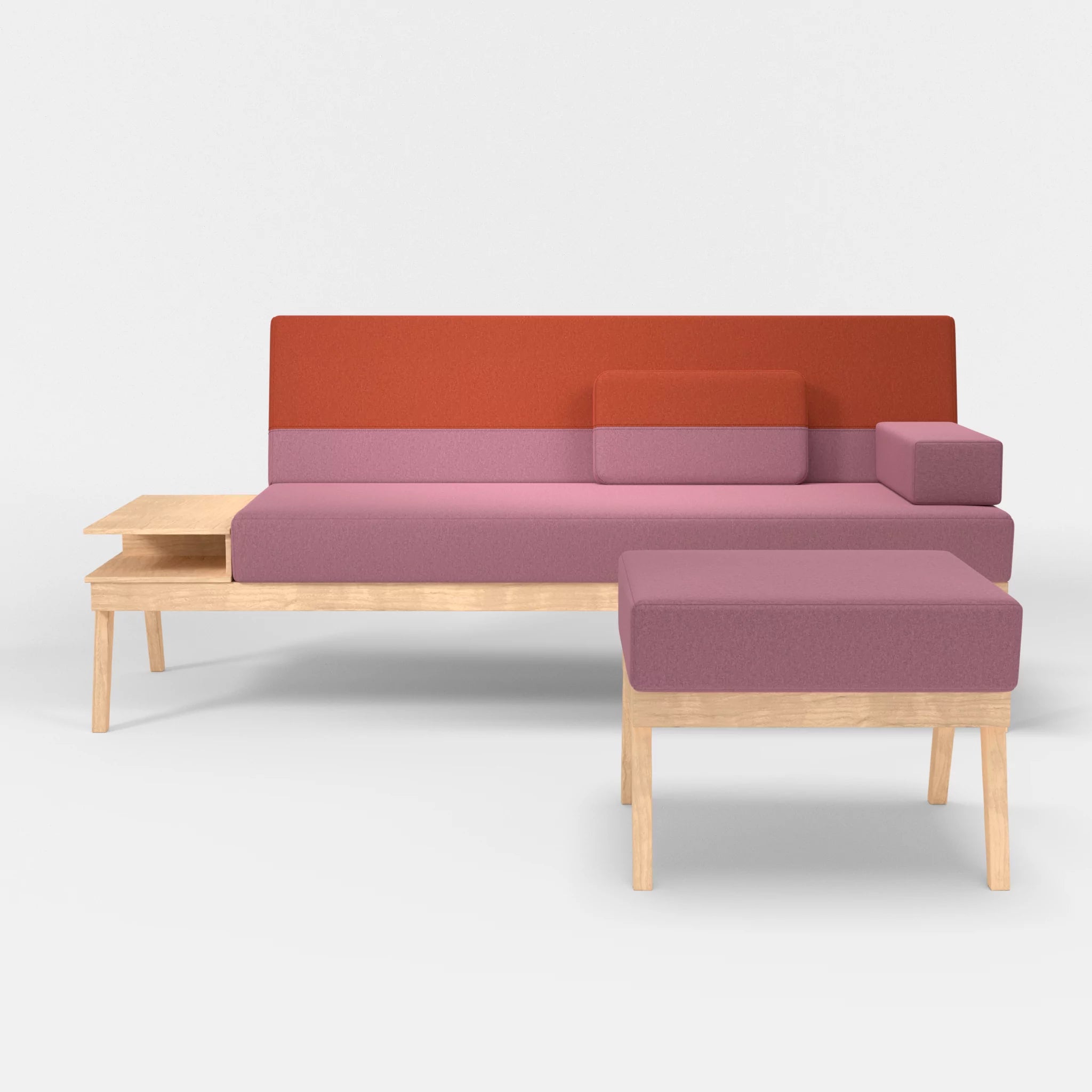 3er Sitzsofa Bauz mit Ablage links und Pouf dama0084-dama0062 in Rosa und Orange von vorne