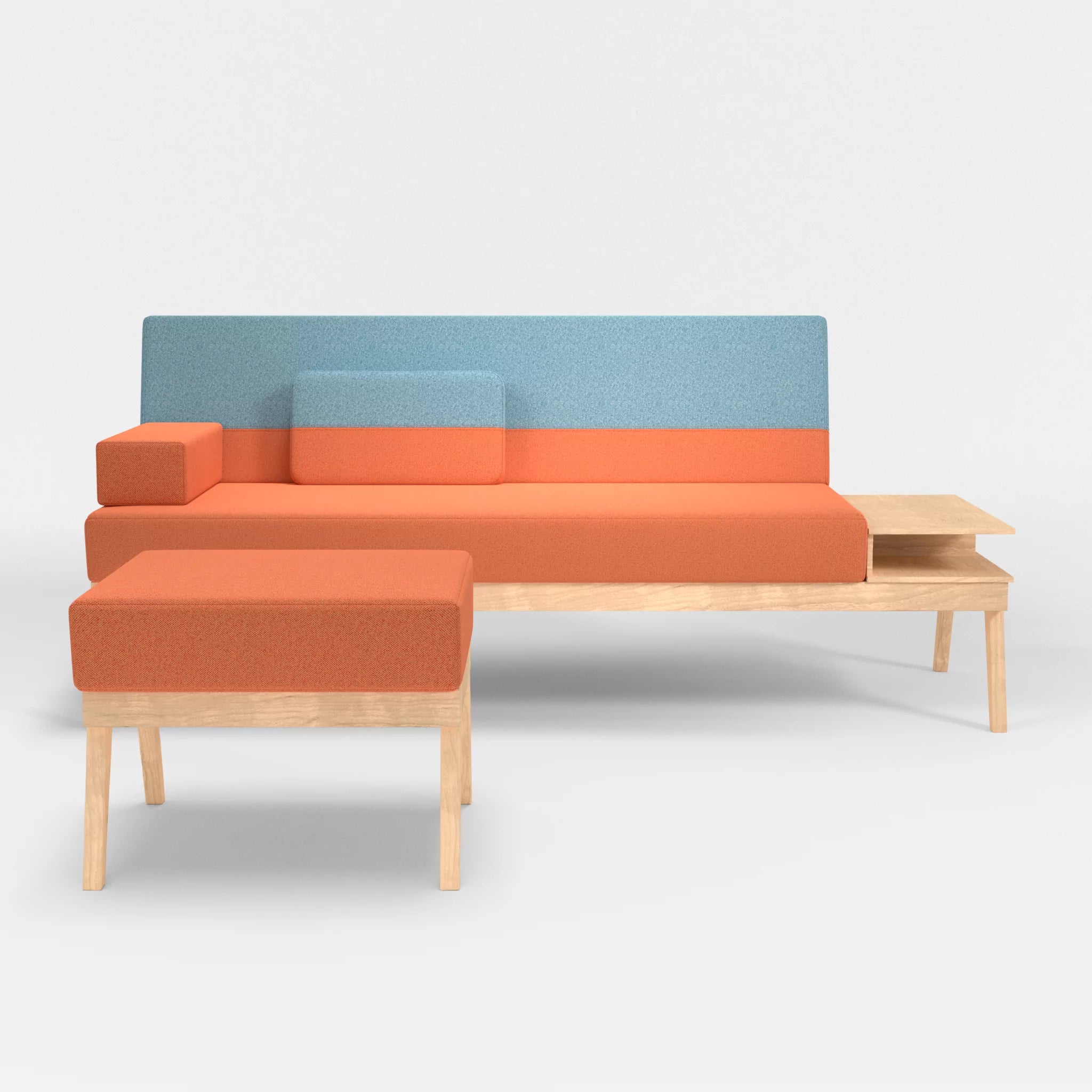 3er Sitzsofa Bauz mit Ablage rechts und Pouf celia0215-celia0209 in Orange und Türkis von vorne