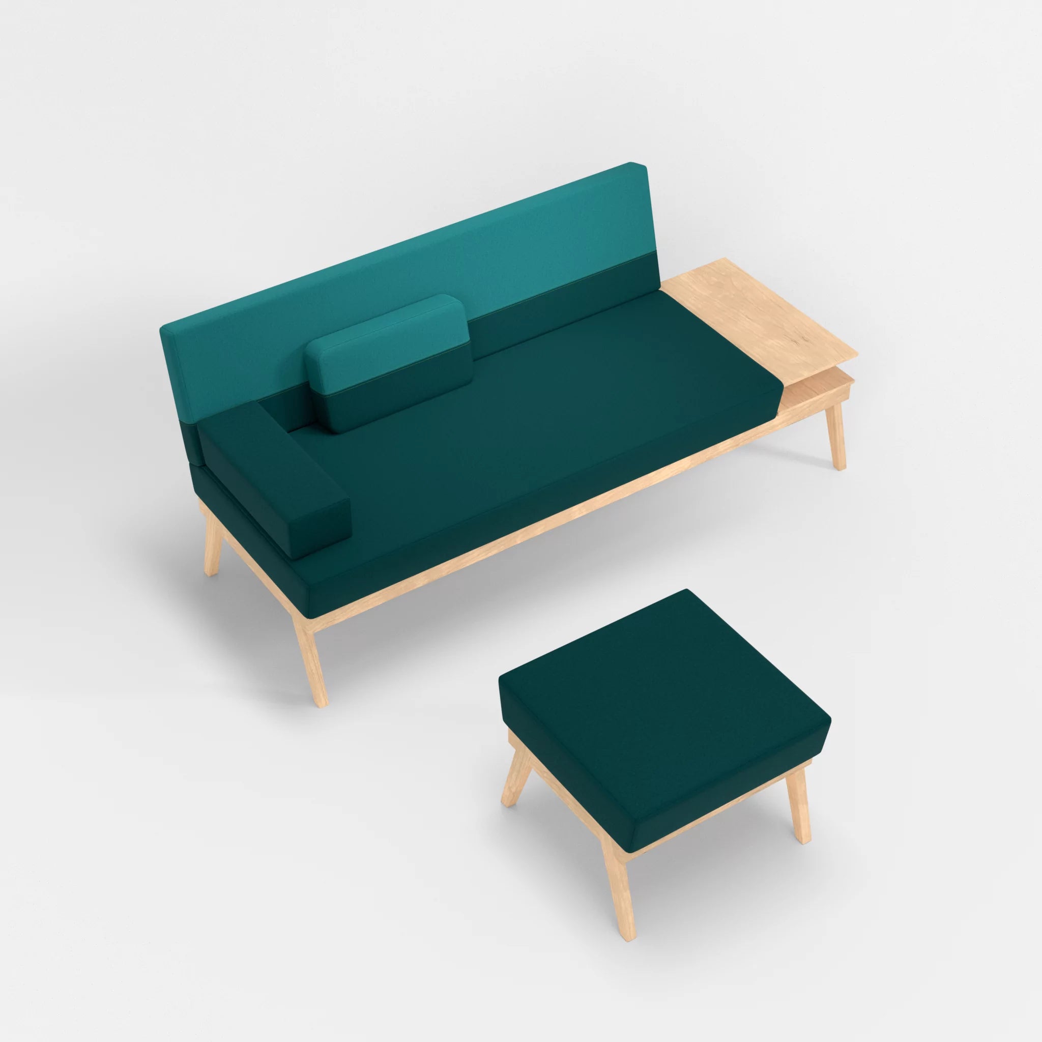 3er Sitzsofa Bauz mit Ablage rechts und Pouf dama0018-dama0076 in Türkis und Türkis von oben