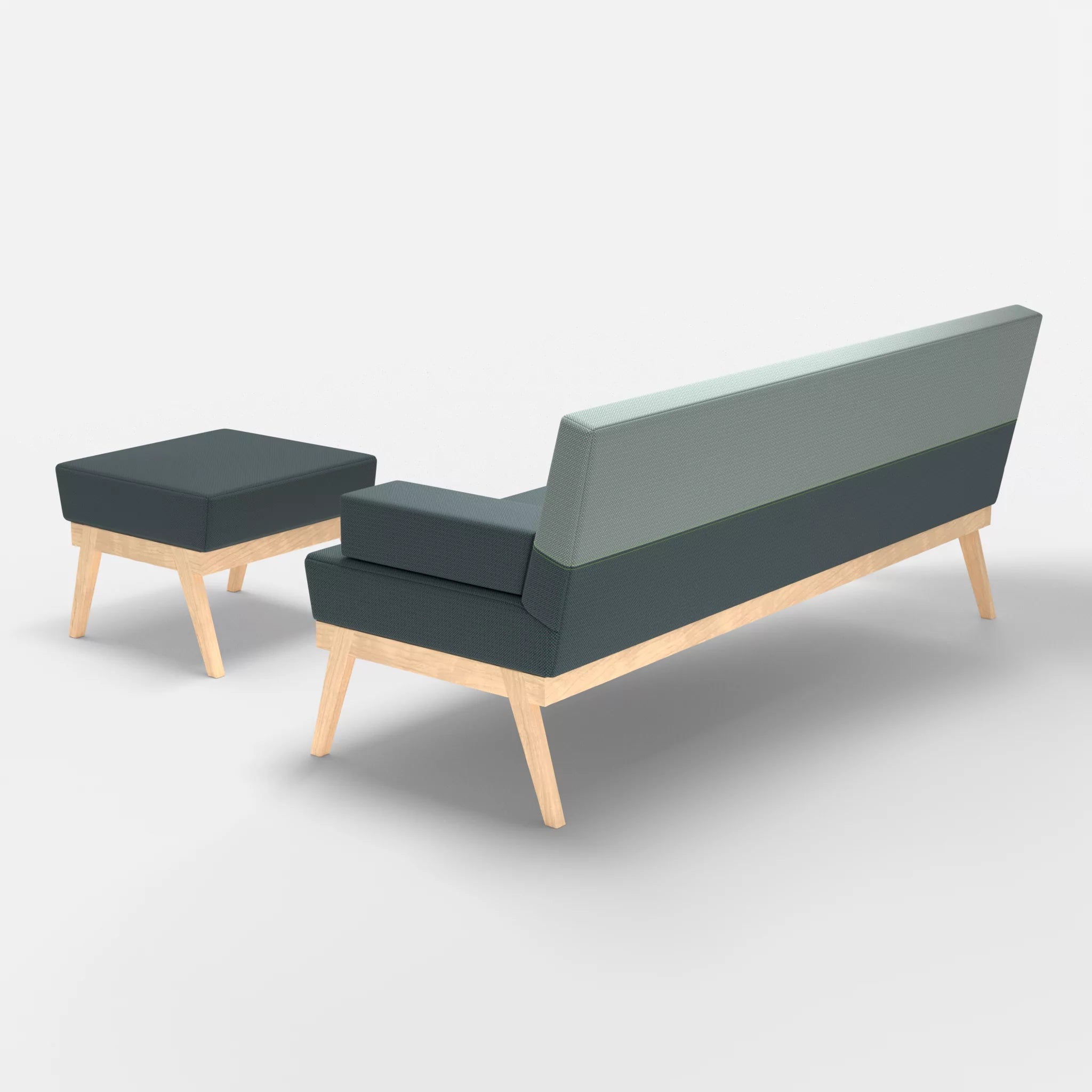 3er Sitzsofa Bauz mit Pouf credojaspis-credolake in Türkis und Graublau von hinten