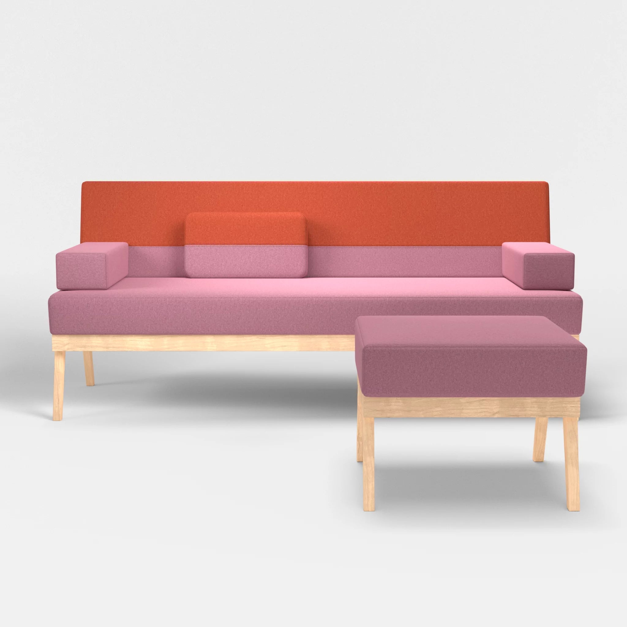 3er Sitzsofa Bauz mit Pouf dama0084-dama0062 in Rosa und Orange von vorne