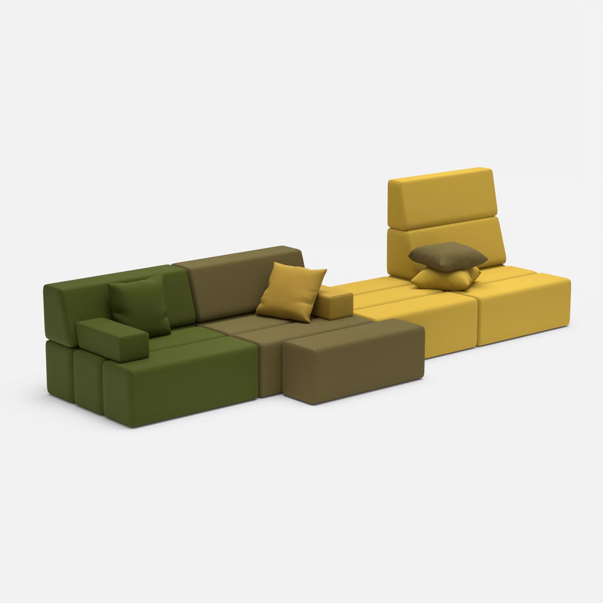 4 Sitzer Sofa Bricks 3 novummoss-novumpear in Grün und Gelb von der Seite