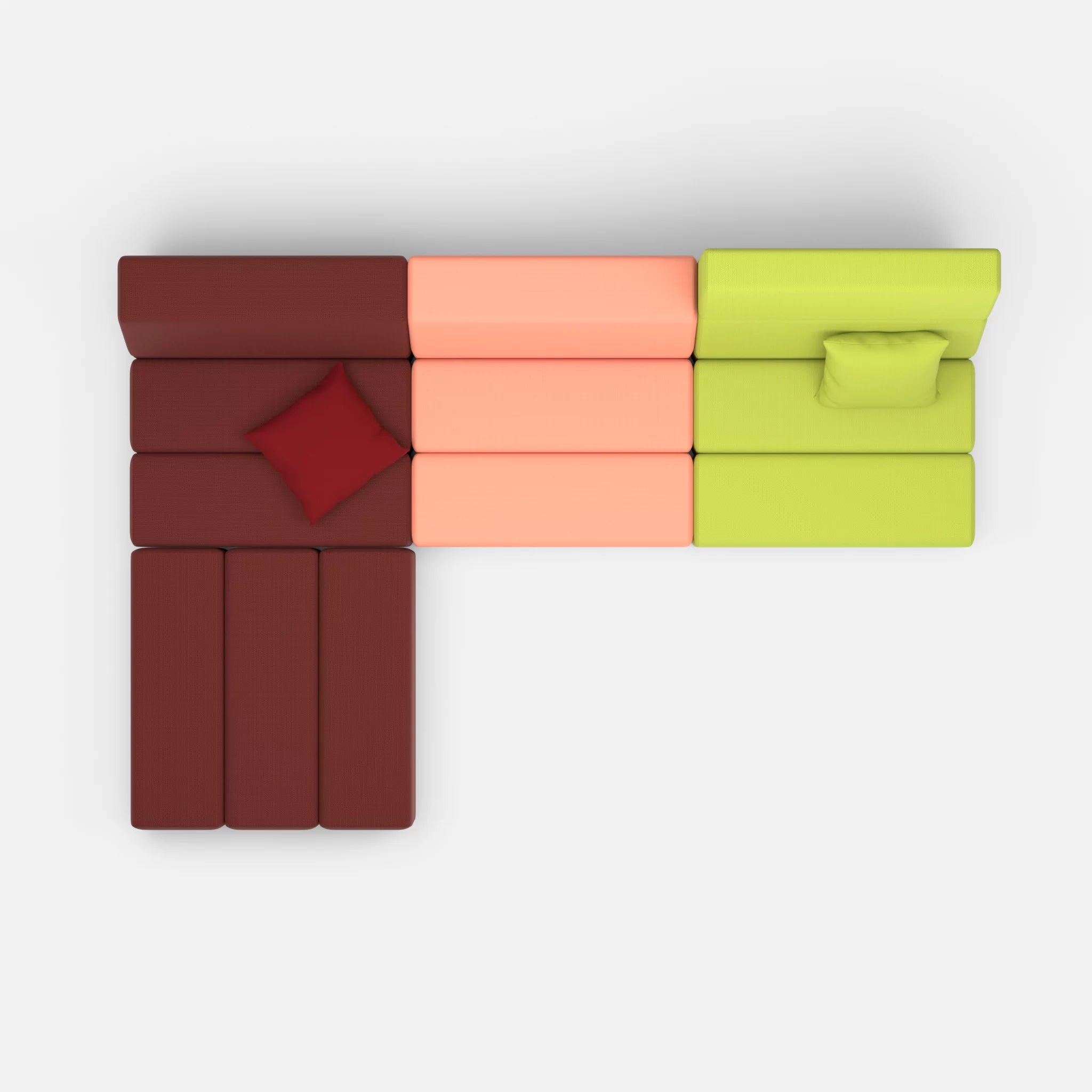 L Sofa Bricks 4 radio4517-radio4046 in Dunkelrot und Coral von oben