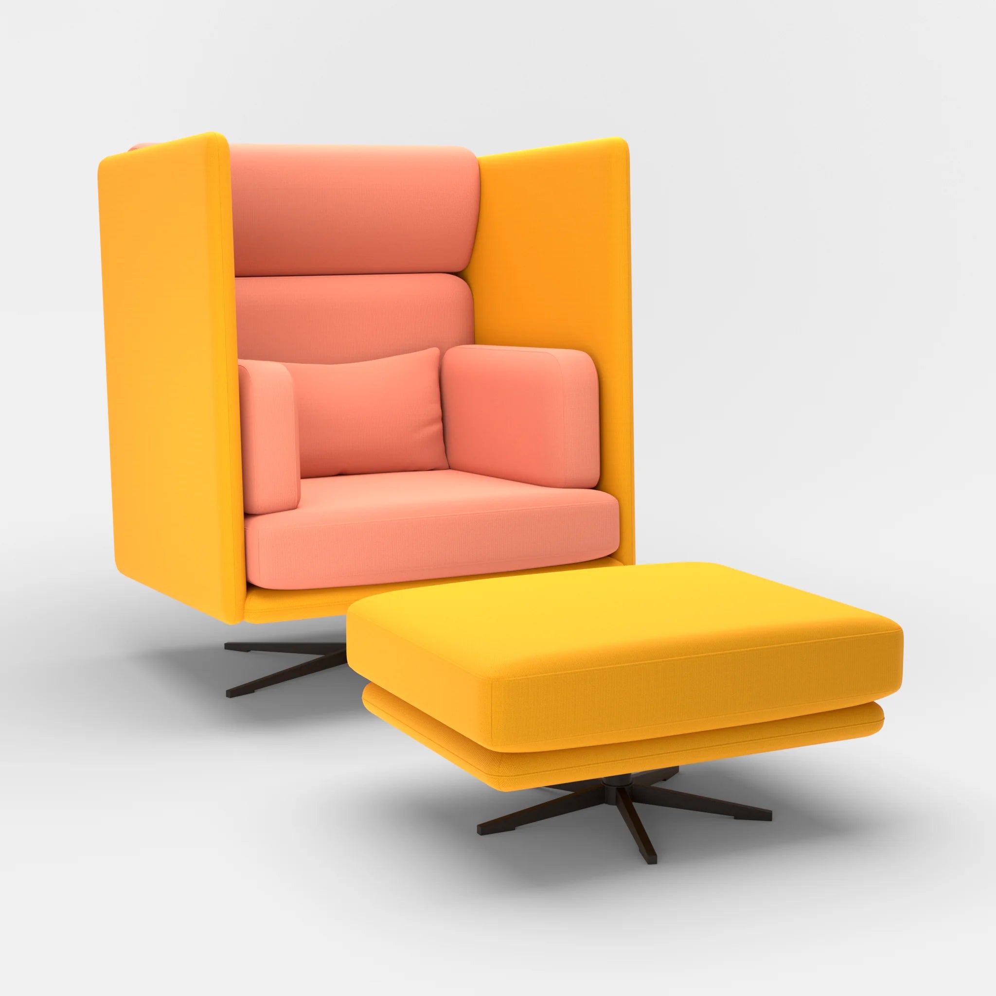 Loungesessel Egon Hohe Version mit Pouf radio3008-radio4046 in Gelb und Coral von der Seite